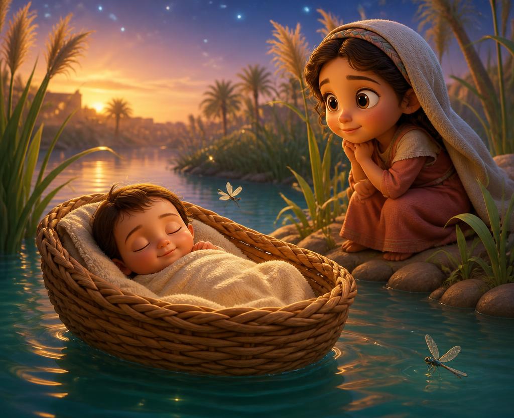 Ilustración de Moisés y la canasta en el río